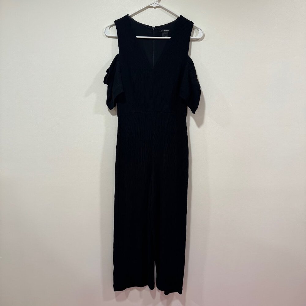 Club Monaco Sabellah Black Ribbed Cold Shoulder Jumpsuit - Picture 2 of 8